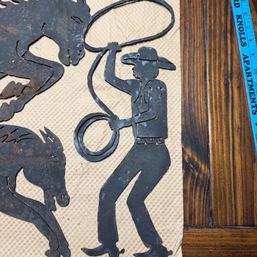 Vintage Rustic Metal Cowboy and Horses Wall Art Set 17 Inch Western Silhouette